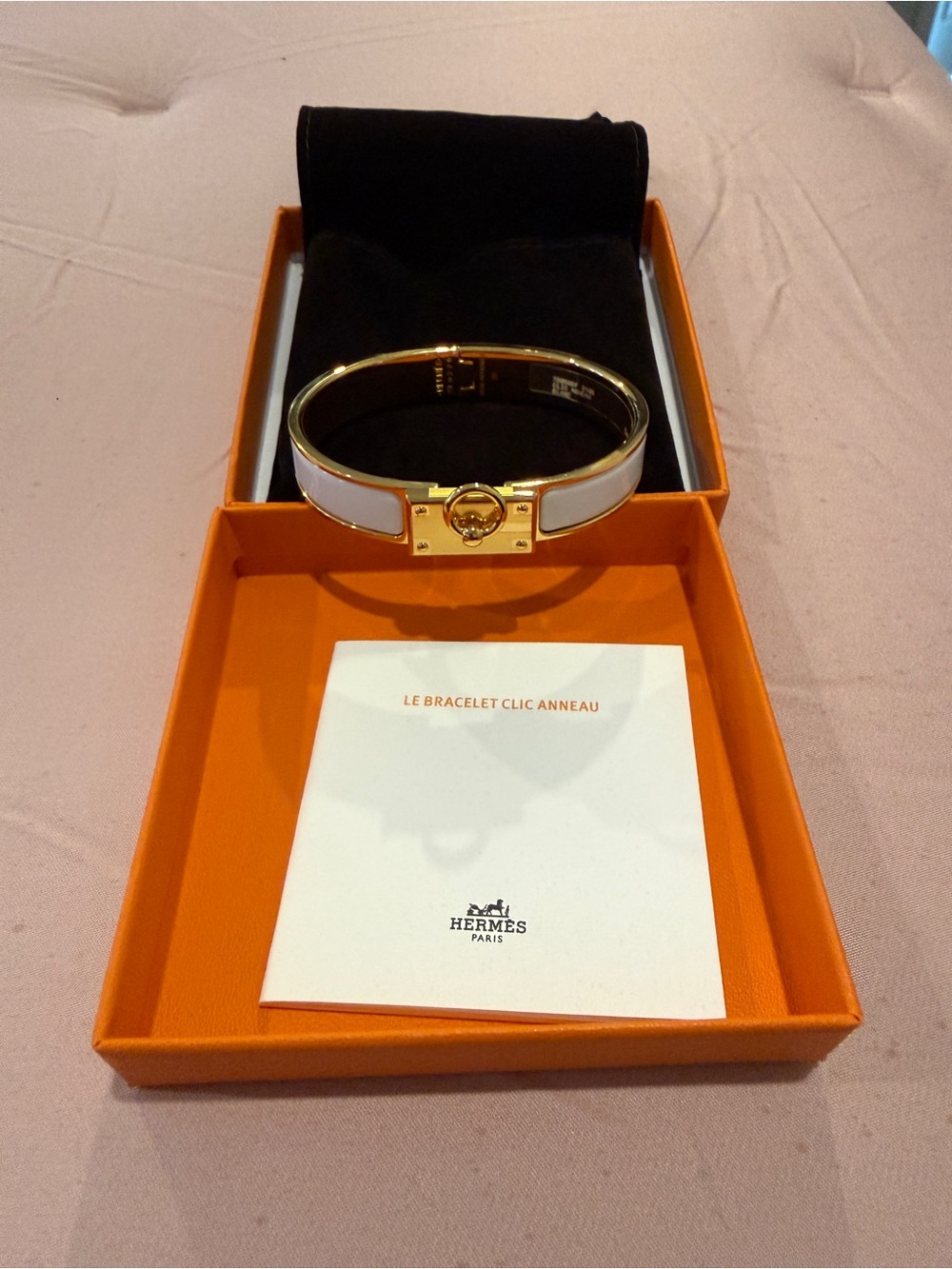 Hermes White Enamel Clic Bracelet with Gold Hardware